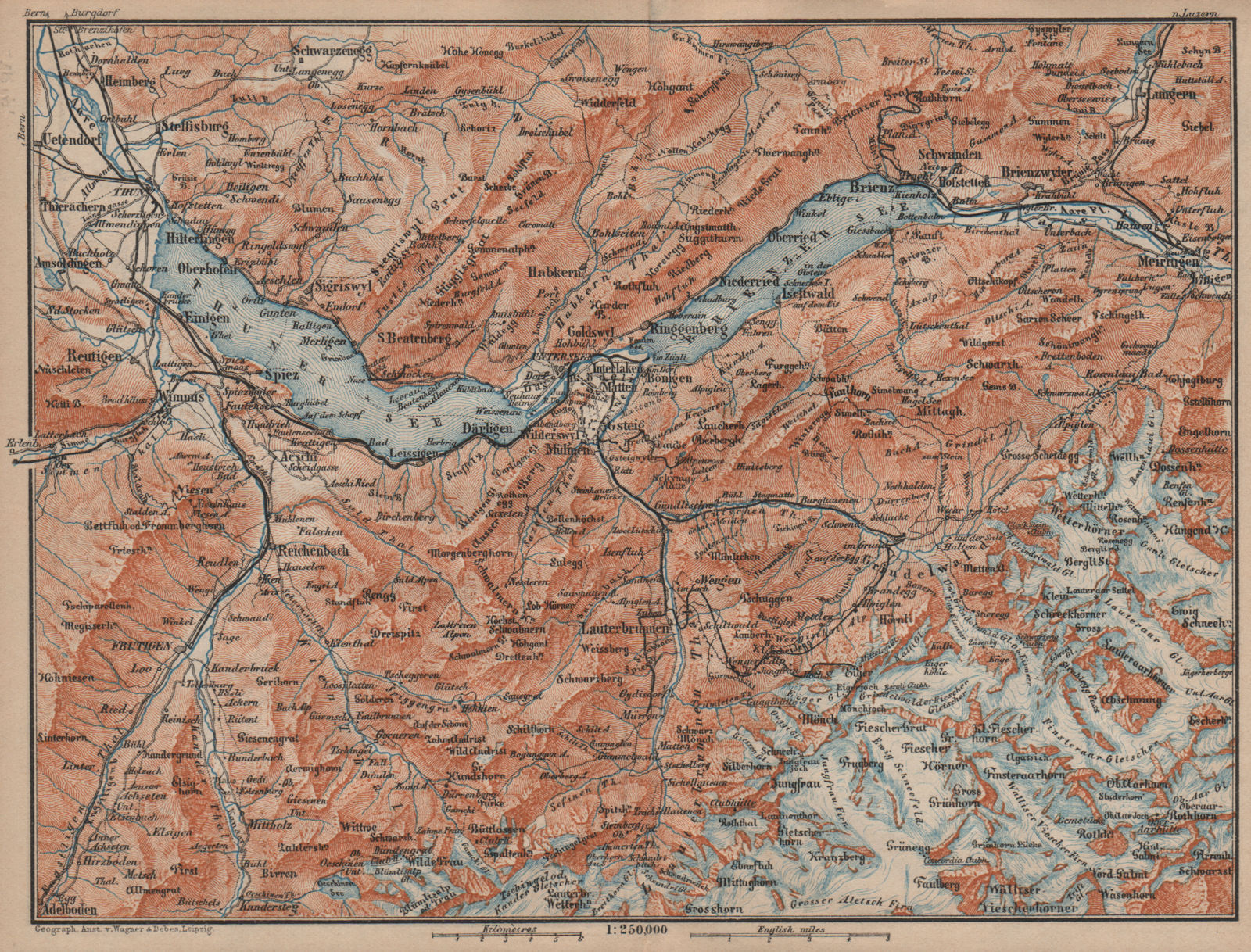 BERNESE OBERLAND. Wengen Mürren Grundelwald Reutigen Interlaken Eiger 1905 map